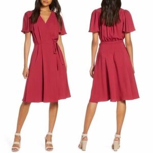 Gal Meets Glam Kinsley Flutter Sleeve Wrap Dress Candy Apple Red Size 2
